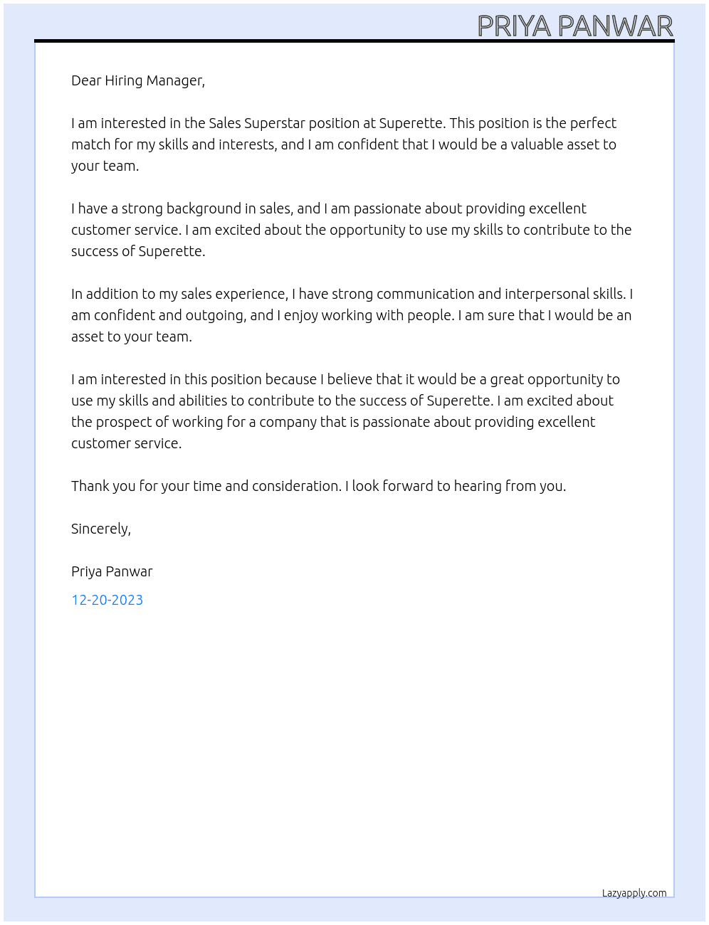 Sales superstar At Superette  Cover Letter