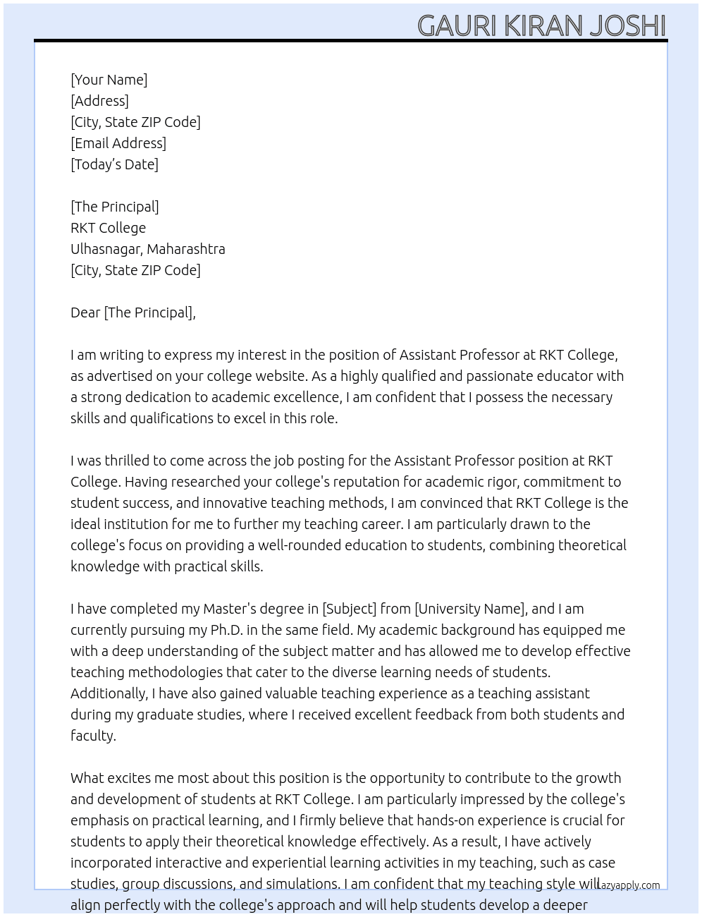 Assistant Profesor At RKT College Cover Letter
