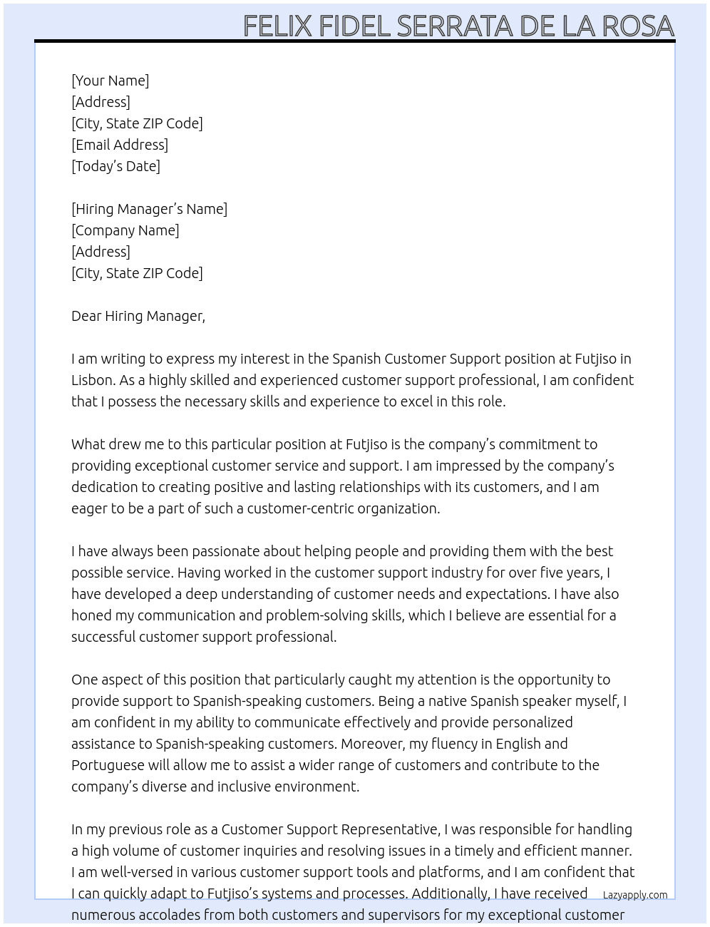 Spanish Customer Support - Lisbon At Futjiso Cover Letter