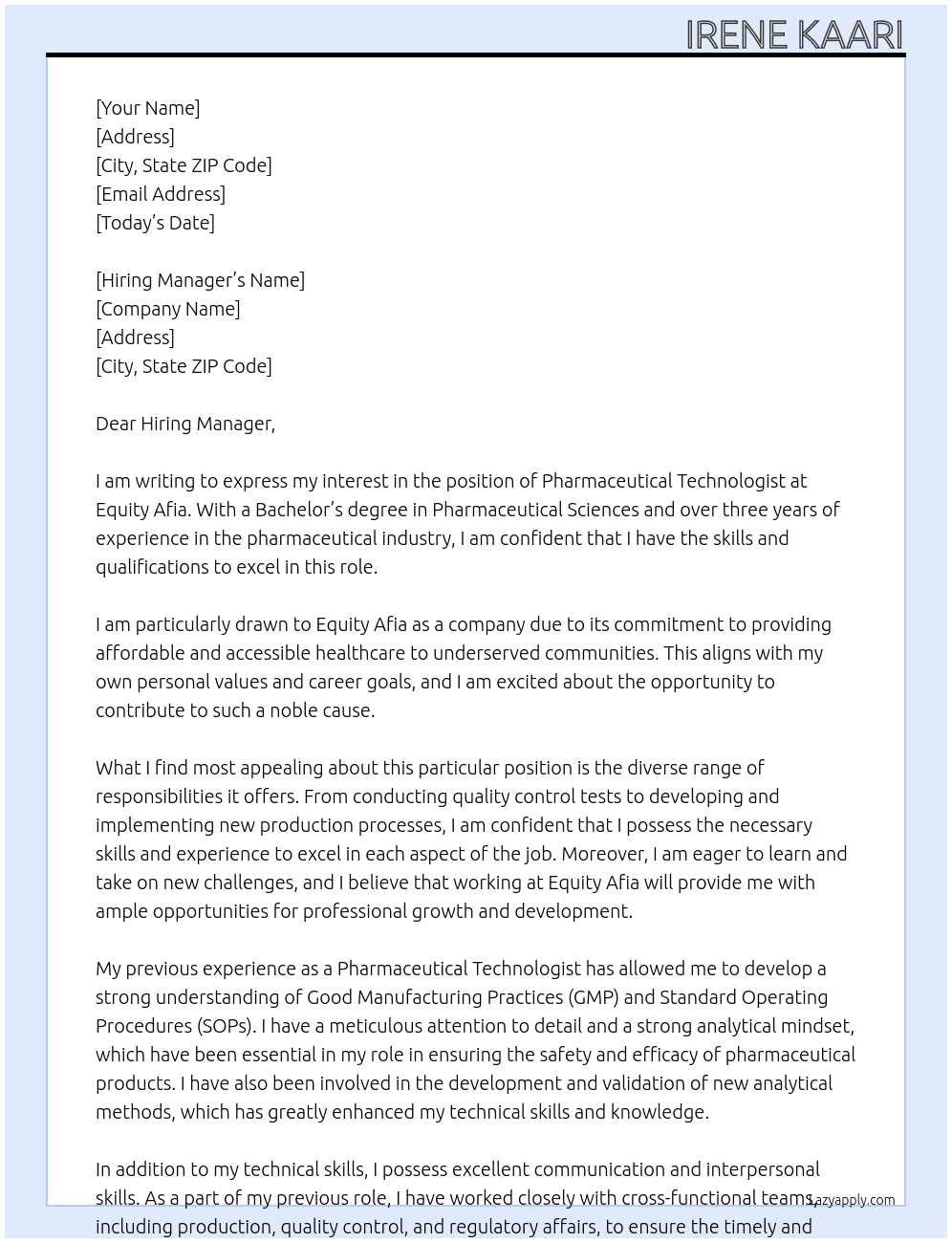 pharmaceutical technologist At equity afia Cover Letter