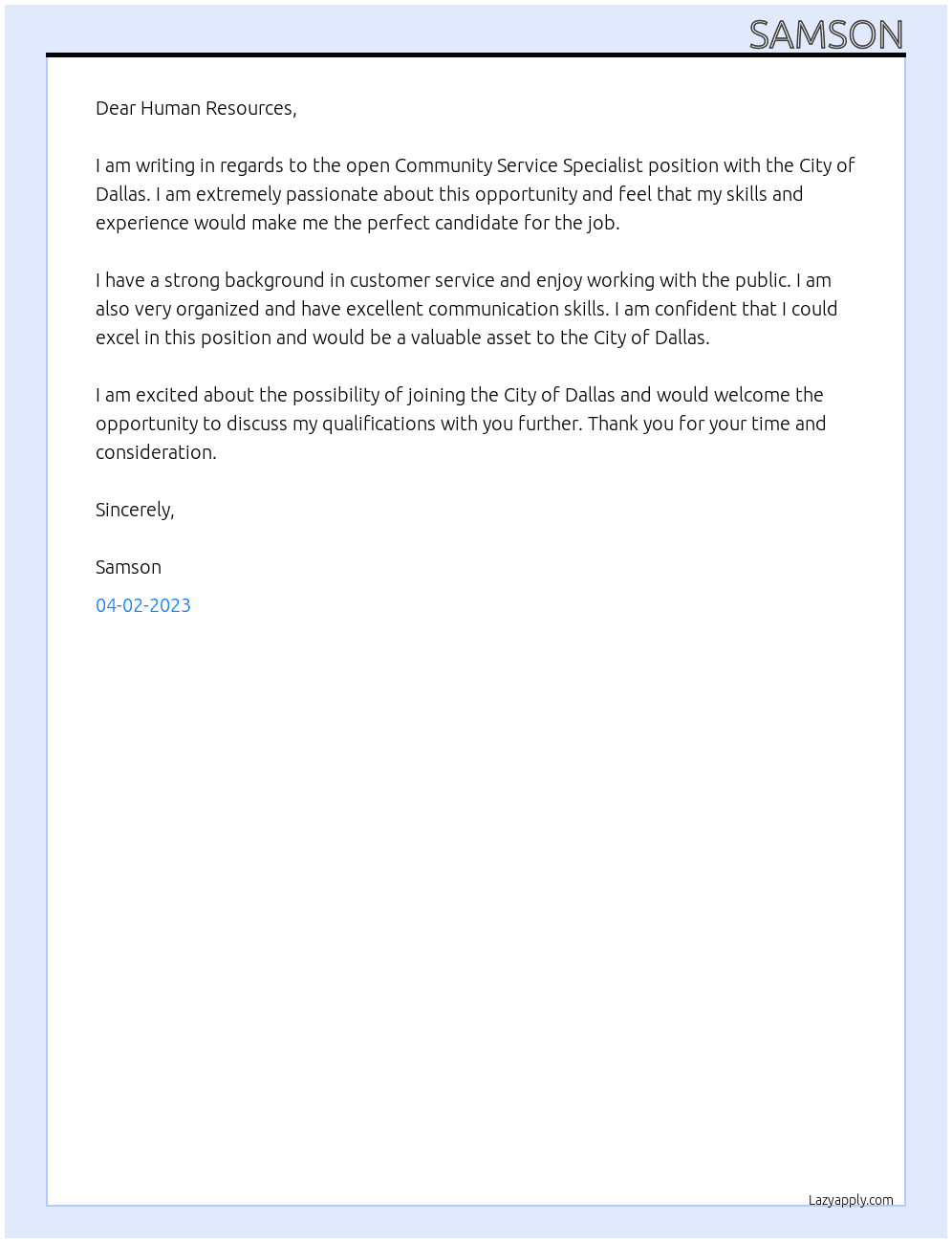 Community Service Specialist  At City of Dallas Cover Letter