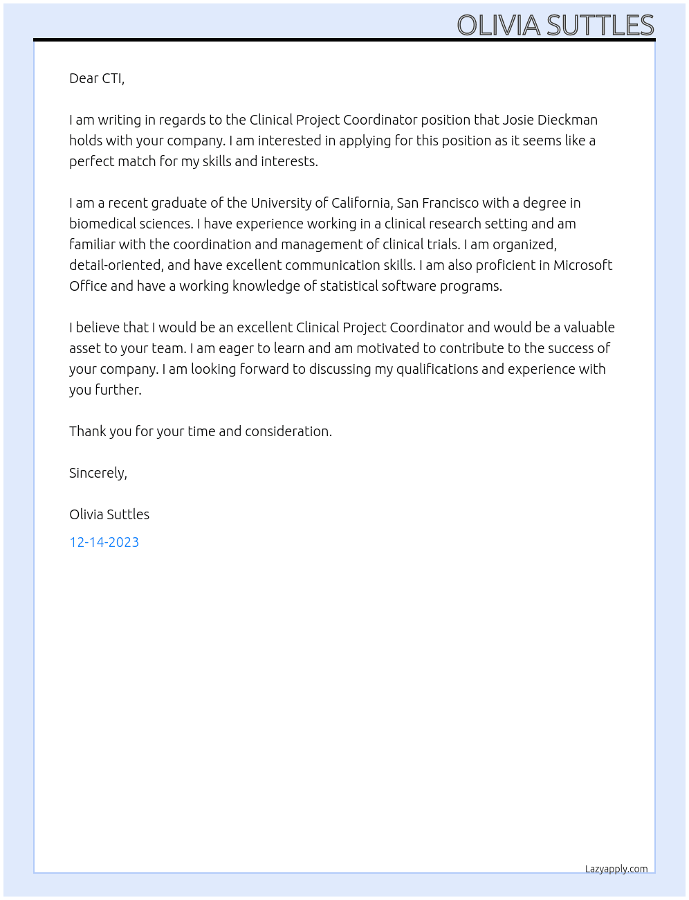  Clinical Project Coordinator At CTI Cover Letter