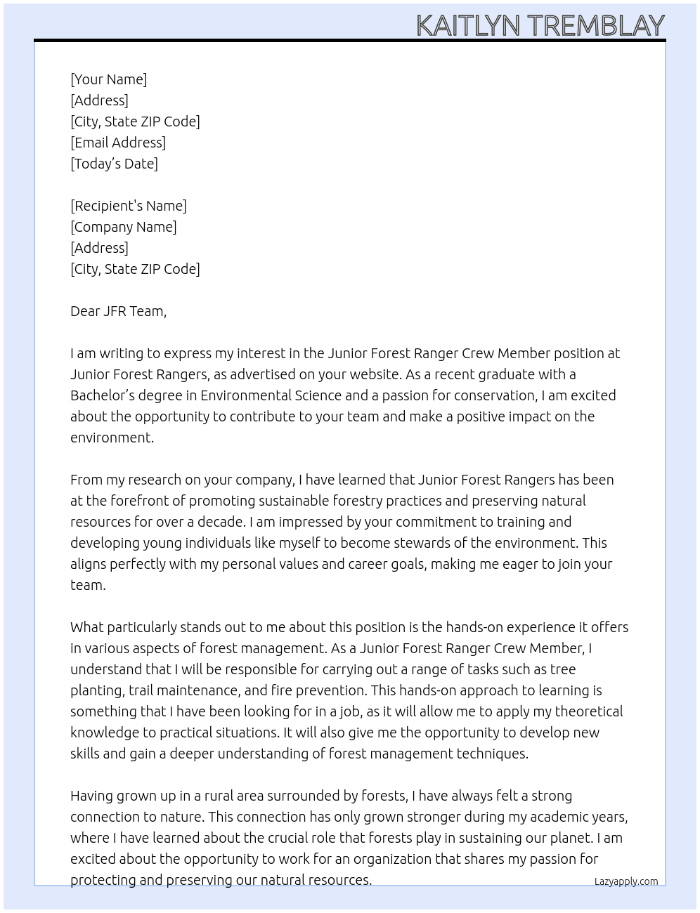 Junior Forest Ranger Crew member At Junior Forest Rangers Cover Letter