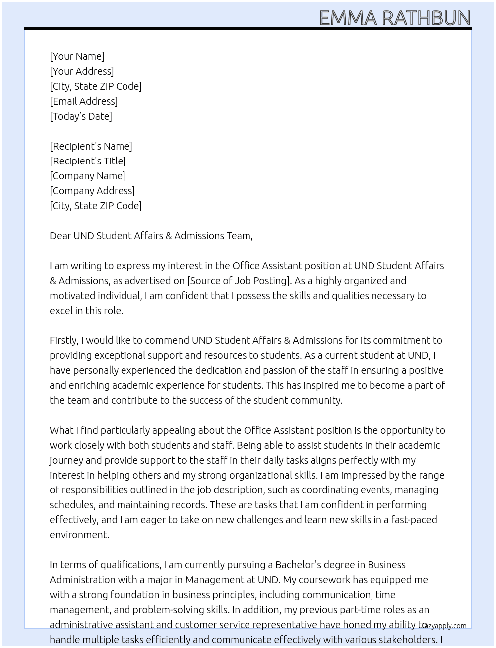 Office Assistant  At UND Student Affairs & Admissions Cover Letter