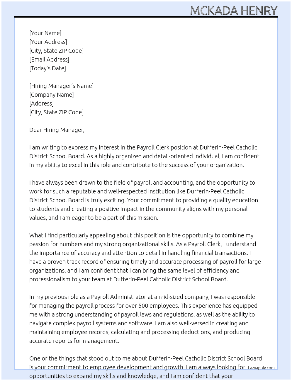 Payroll Clerk At Dufferin-Peel Catholic District School Board Cover Letter