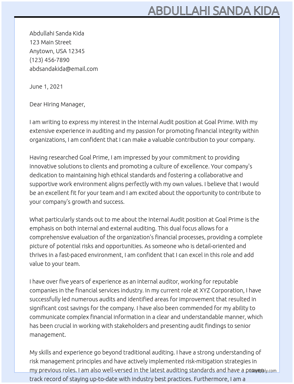 internal Audit At Goal Prime Cover Letter