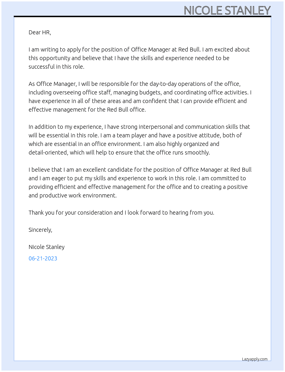 Office Manager At Red Bull Cover Letter