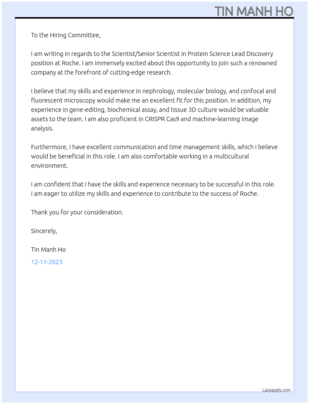 Scientist/Senior Scientist in Protein Science Lead Discovery At Roche Cover Letter