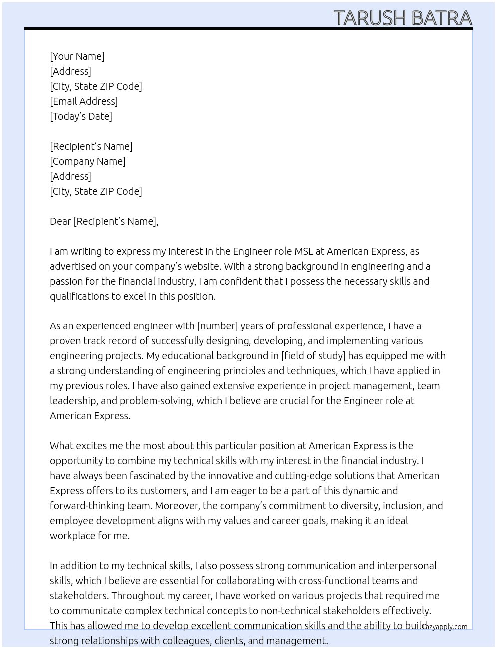 Cover letter for engineer role msl - LazyApply