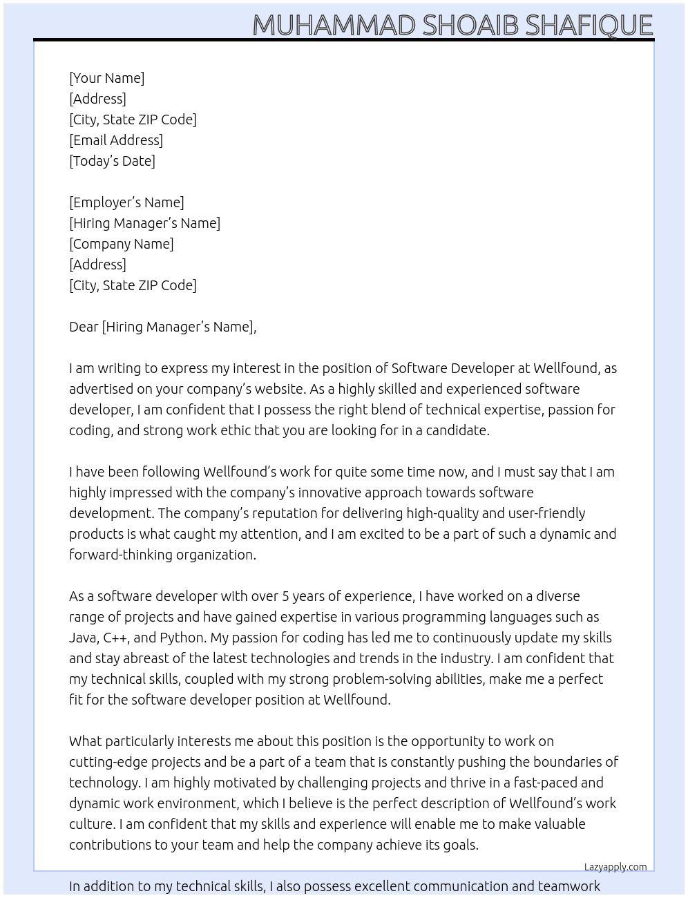 Software developer At wellfound Cover Letter