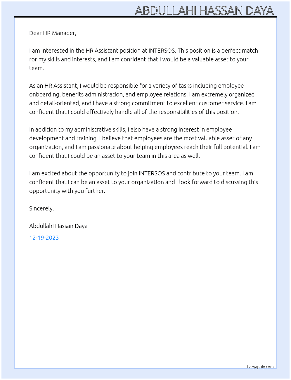 HR Assistant At INTERSOS Cover Letter