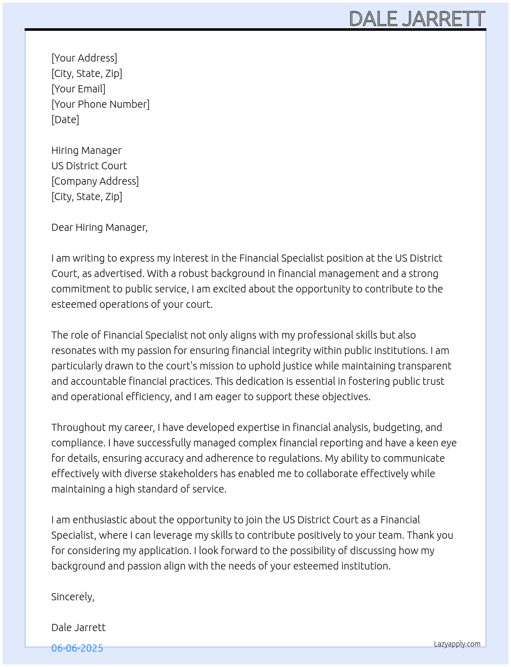 US District Court Financial Specialist At US District Court  Cover Letter