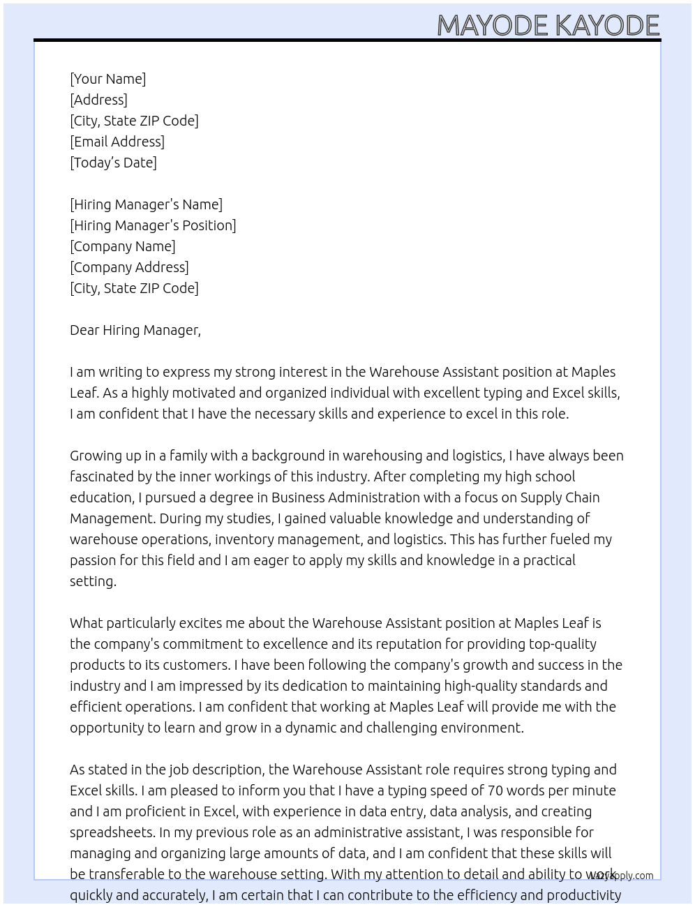 Warehouse Assistant  At Maples Leaf  Cover Letter