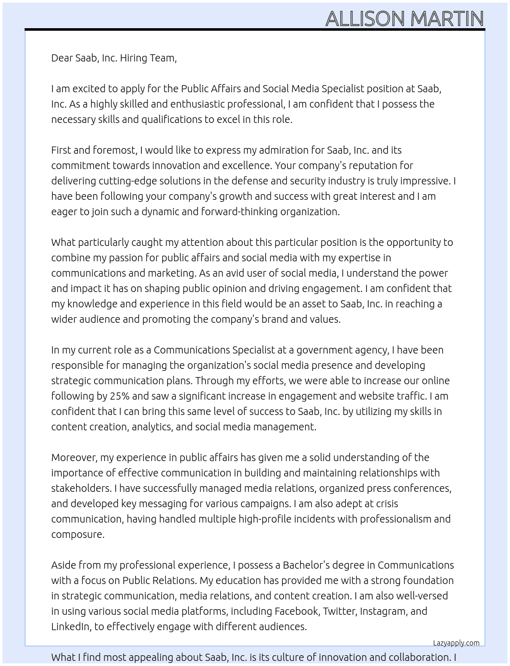 Public Affairs and Social Media Specialist At Saab, Inc. Cover Letter