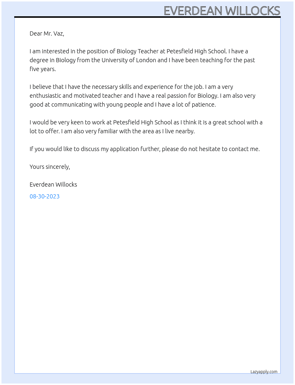 Biology Teacher At Petesfield High School Cover Letter