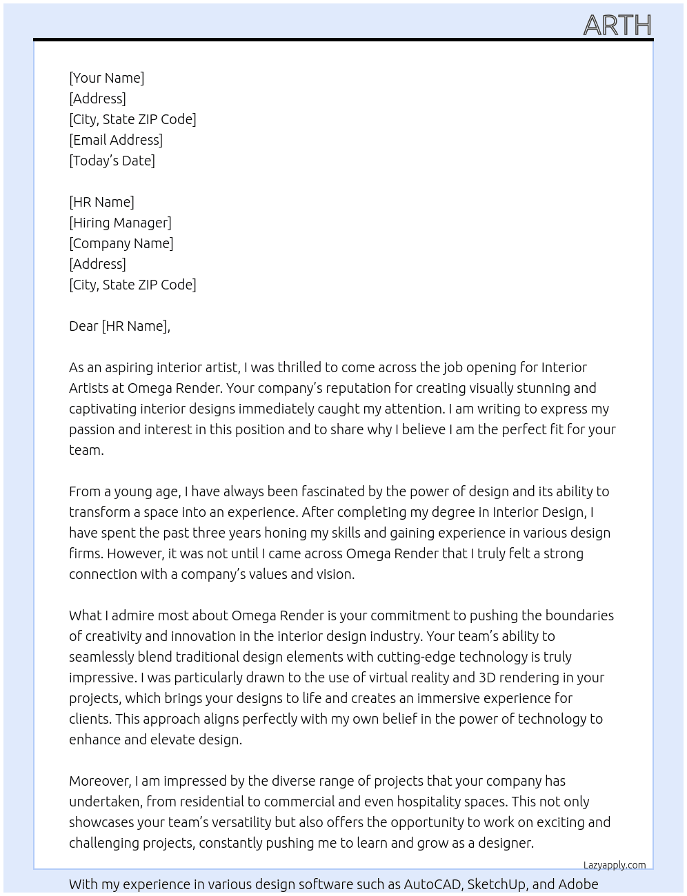 INTERIOR ARTISTS At Omega Render Cover Letter