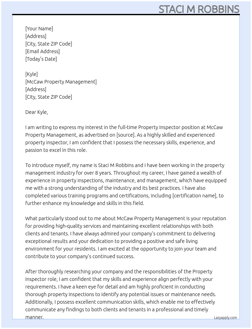 Property inspector  At McCaw Property Management  Cover Letter