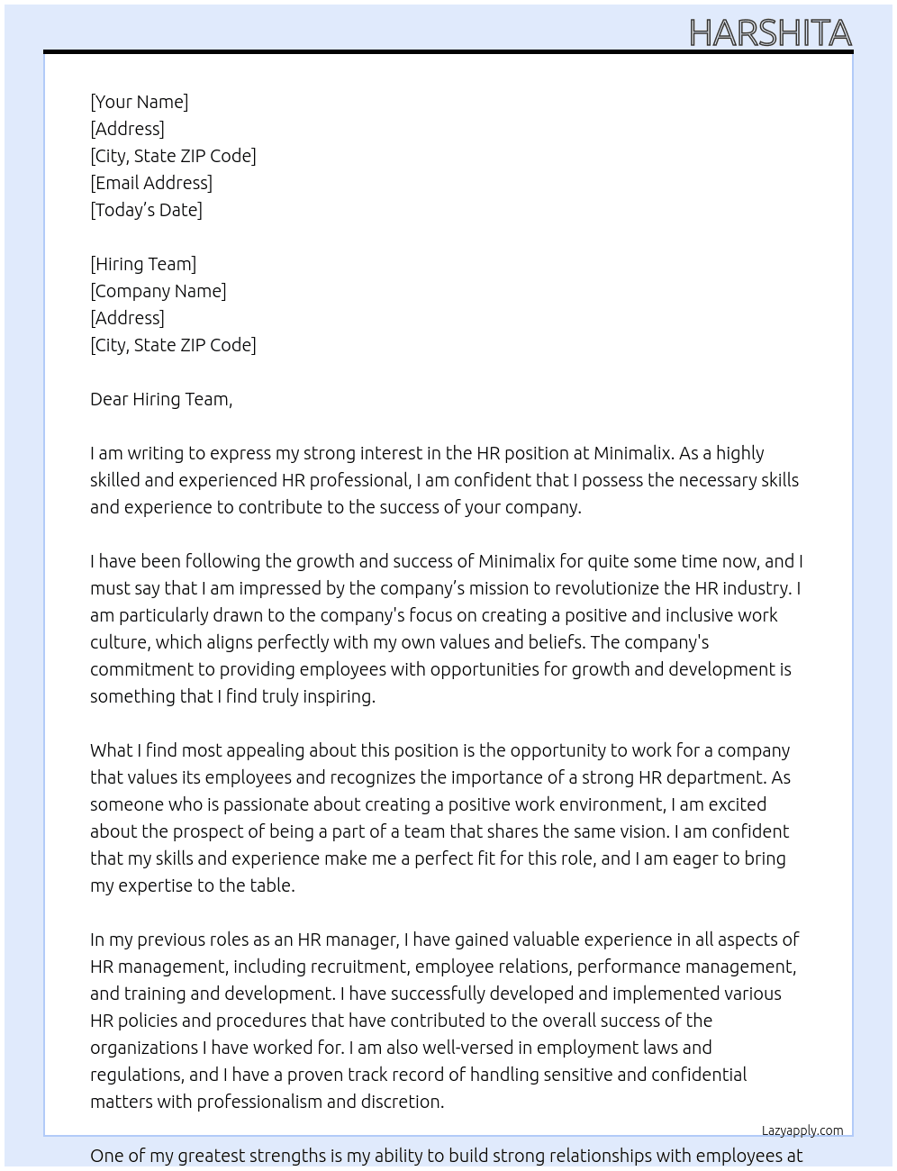 HR At Minimalix Cover Letter