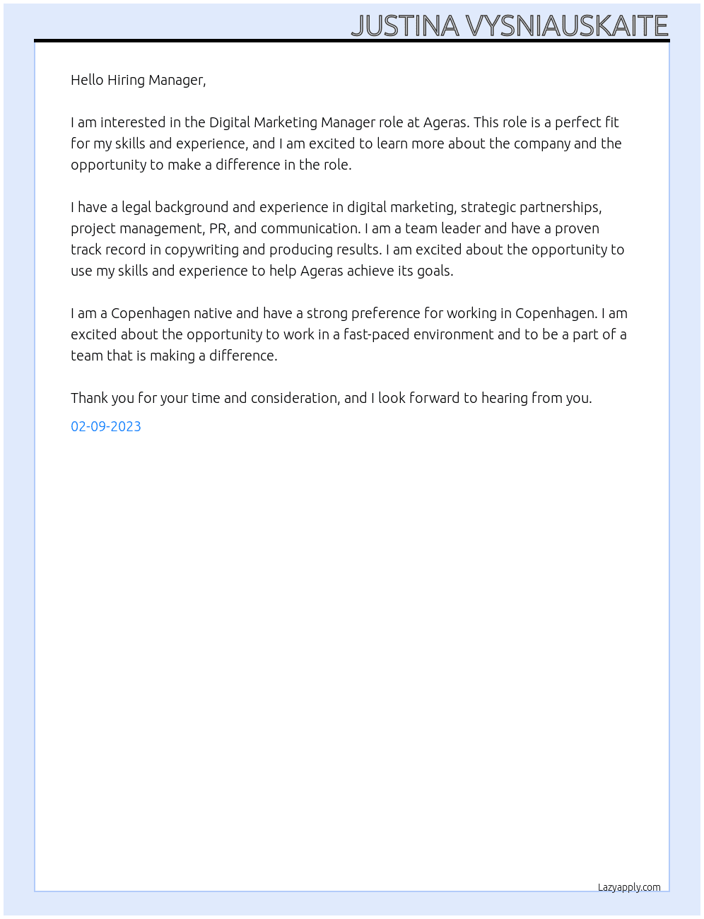 Digital Marketing Manager At Ageras Cover Letter