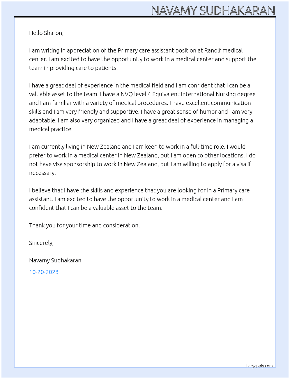 Primary care assistant At Ranolf  medical center Cover Letter