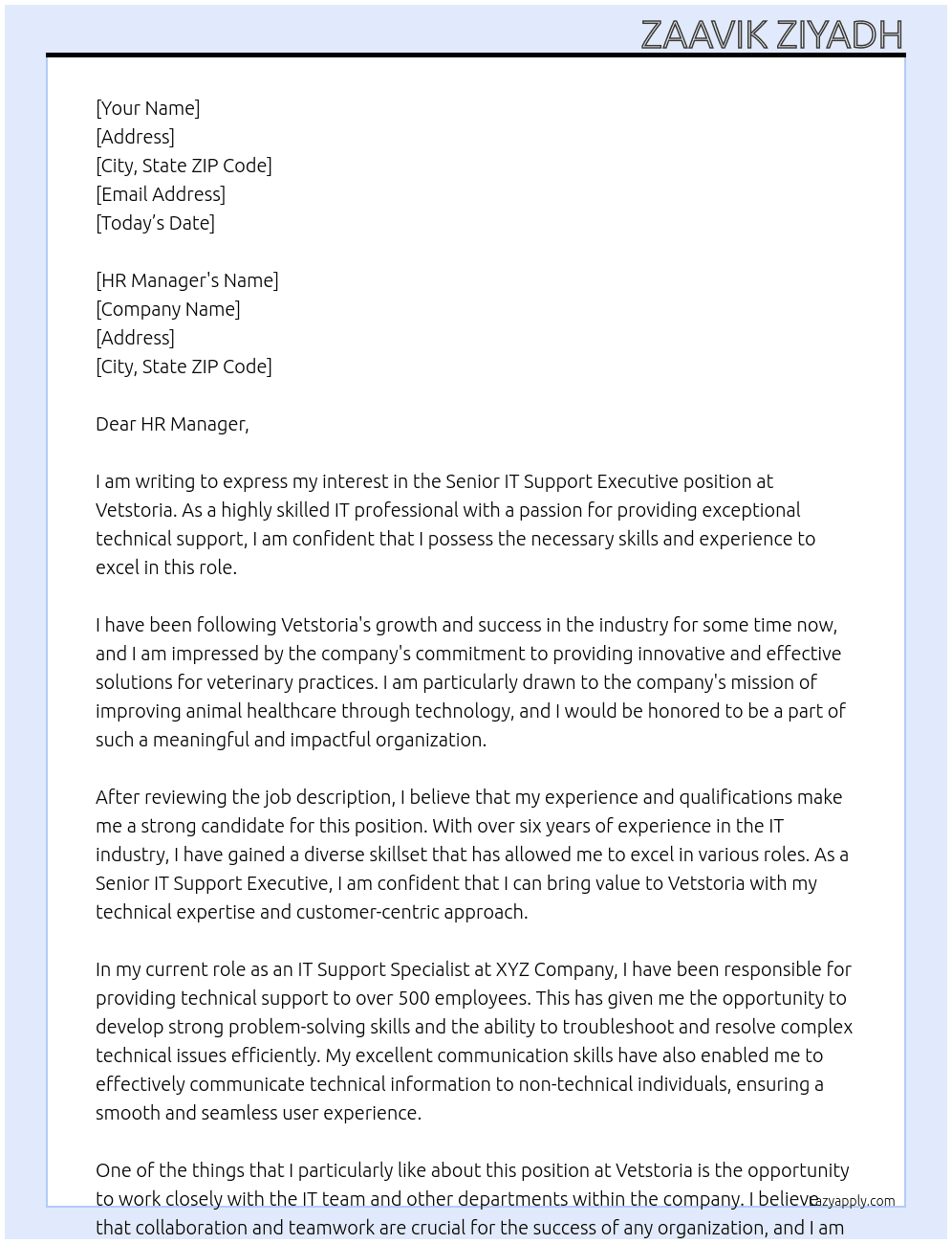 Senior IT Support Executive At Vetstoria Cover Letter