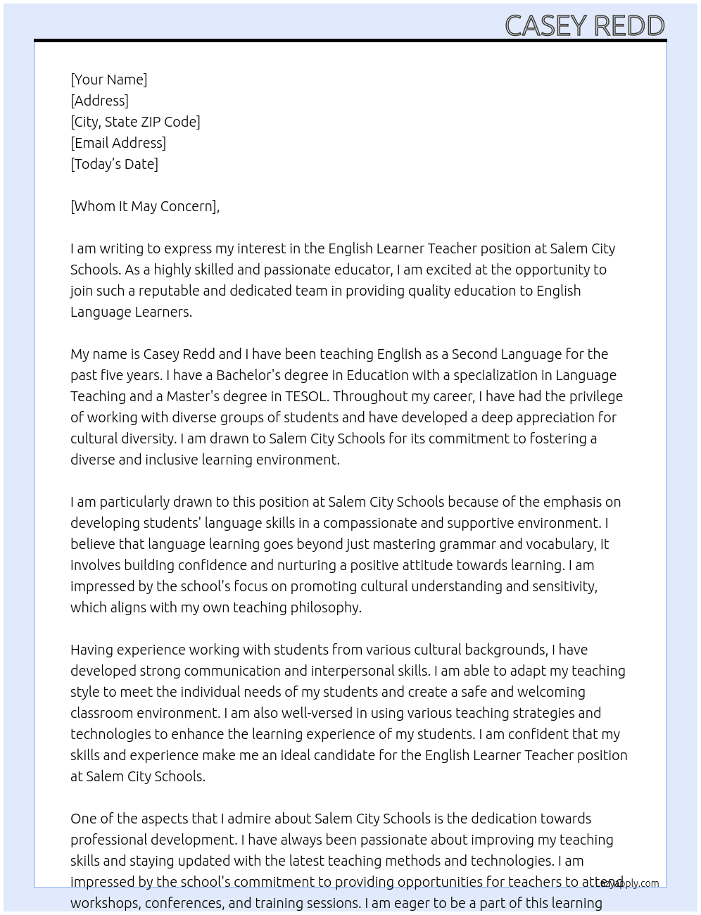 English Learner Teacher At Salem City Schools Cover Letter