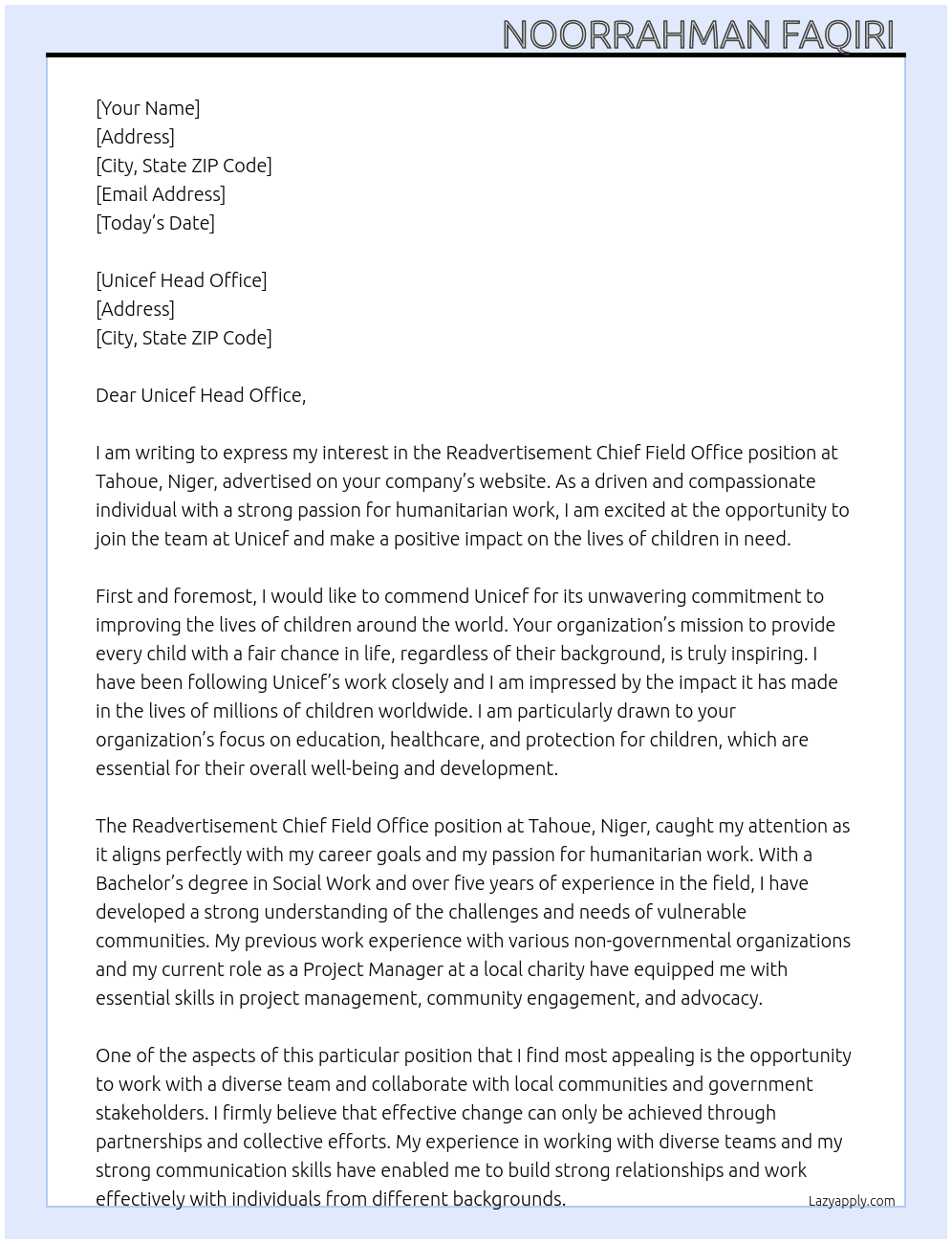 Cover letter for readvertisement cheif field office tahoue niger - LazyApply