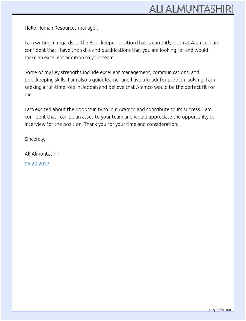 Bookkeeper  At Aramco Cover Letter