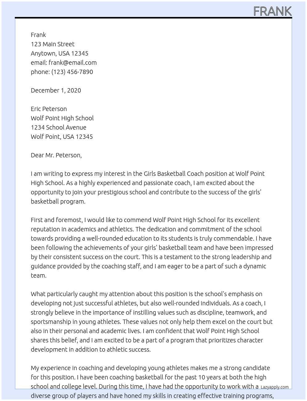 Girls Basketball Coach At Wolf Point High School Cover Letter