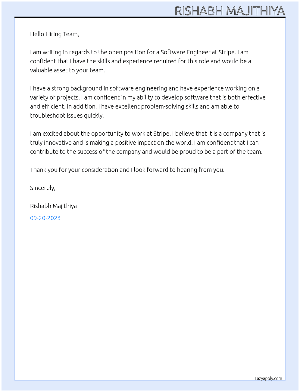 Software Engineer At Stripe Cover Letter