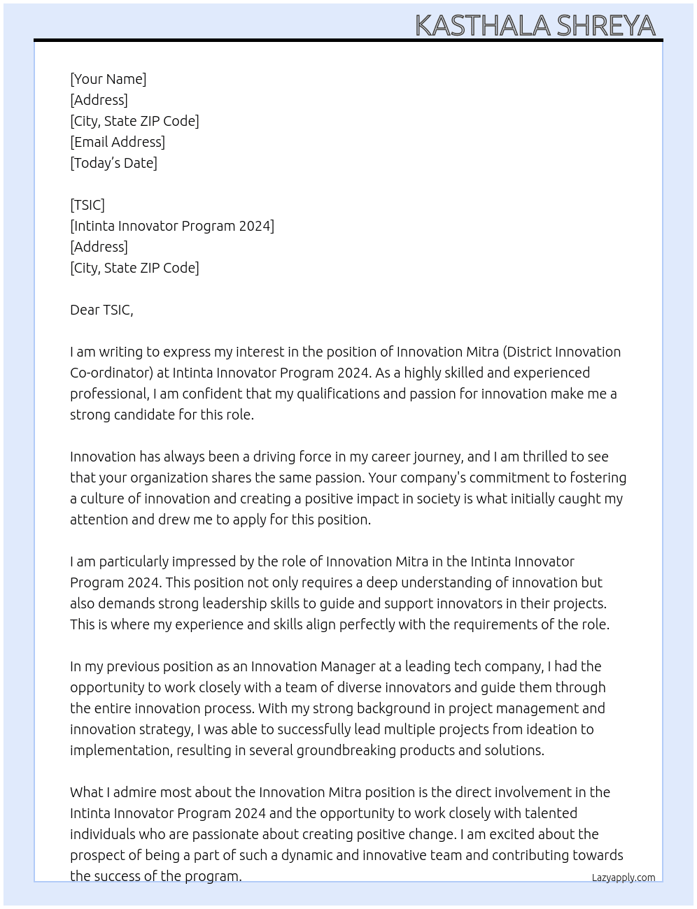 Innovation Mitra (District Innovation Co-ordinator) At Intinta Innovator Program 2024 Cover Letter