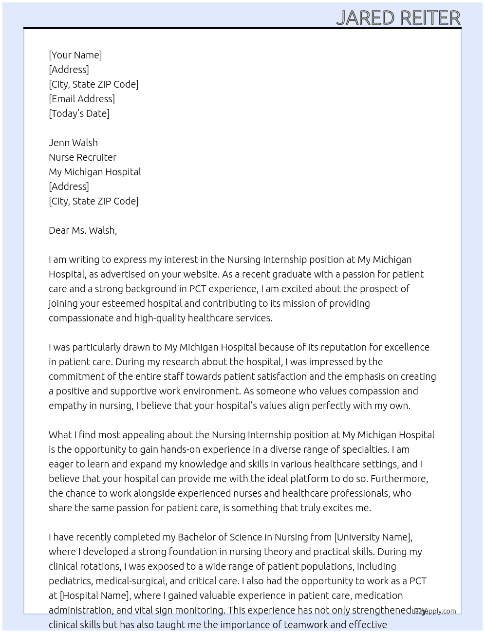 Nursing internship At My Michigan Hospital  Cover Letter