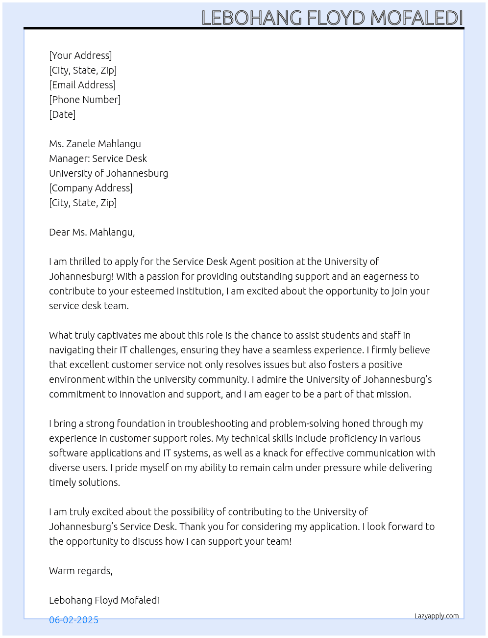 Service Desk Agent At University of johannesburg Cover Letter