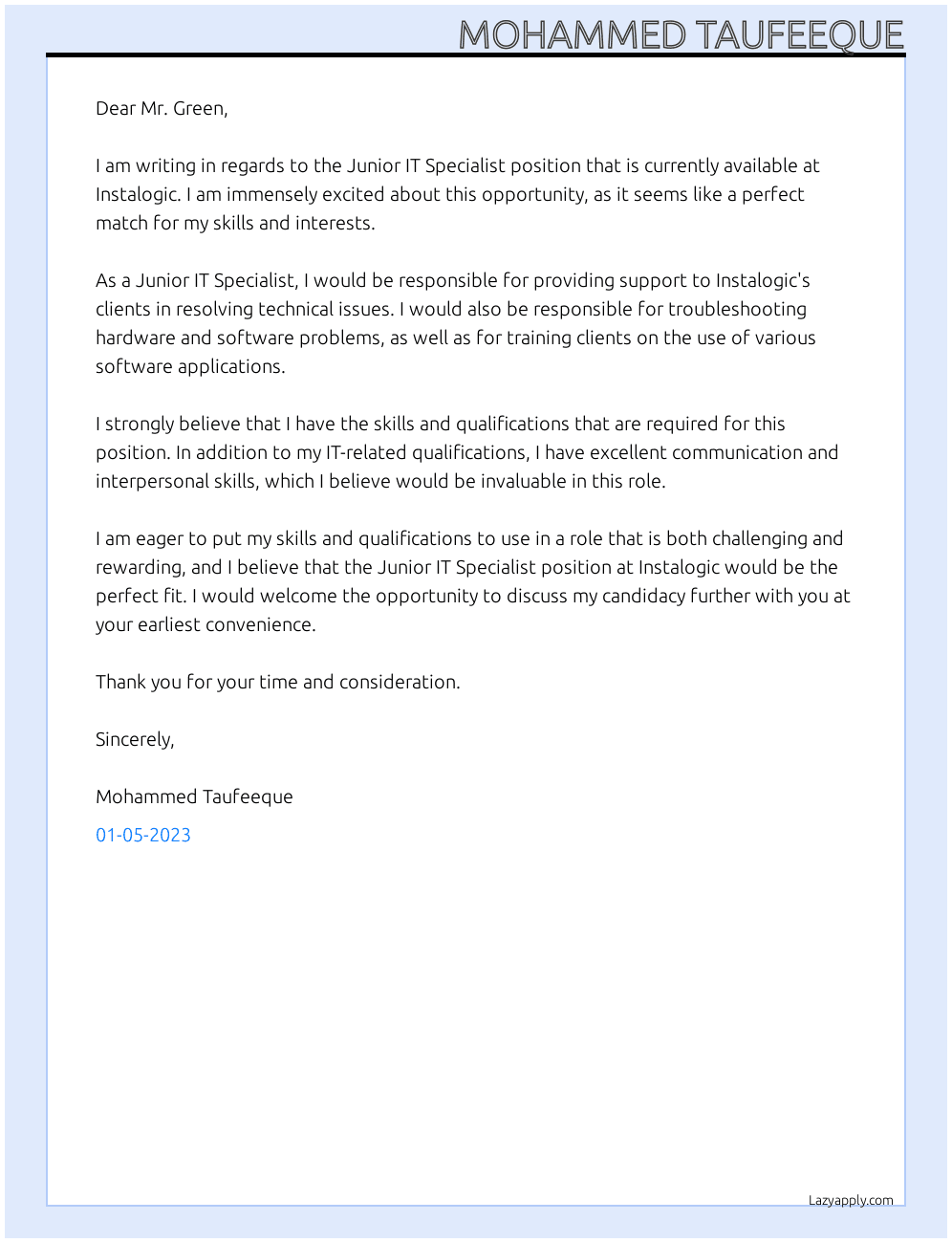 Junior IT Specialist At Instalogic Cover Letter