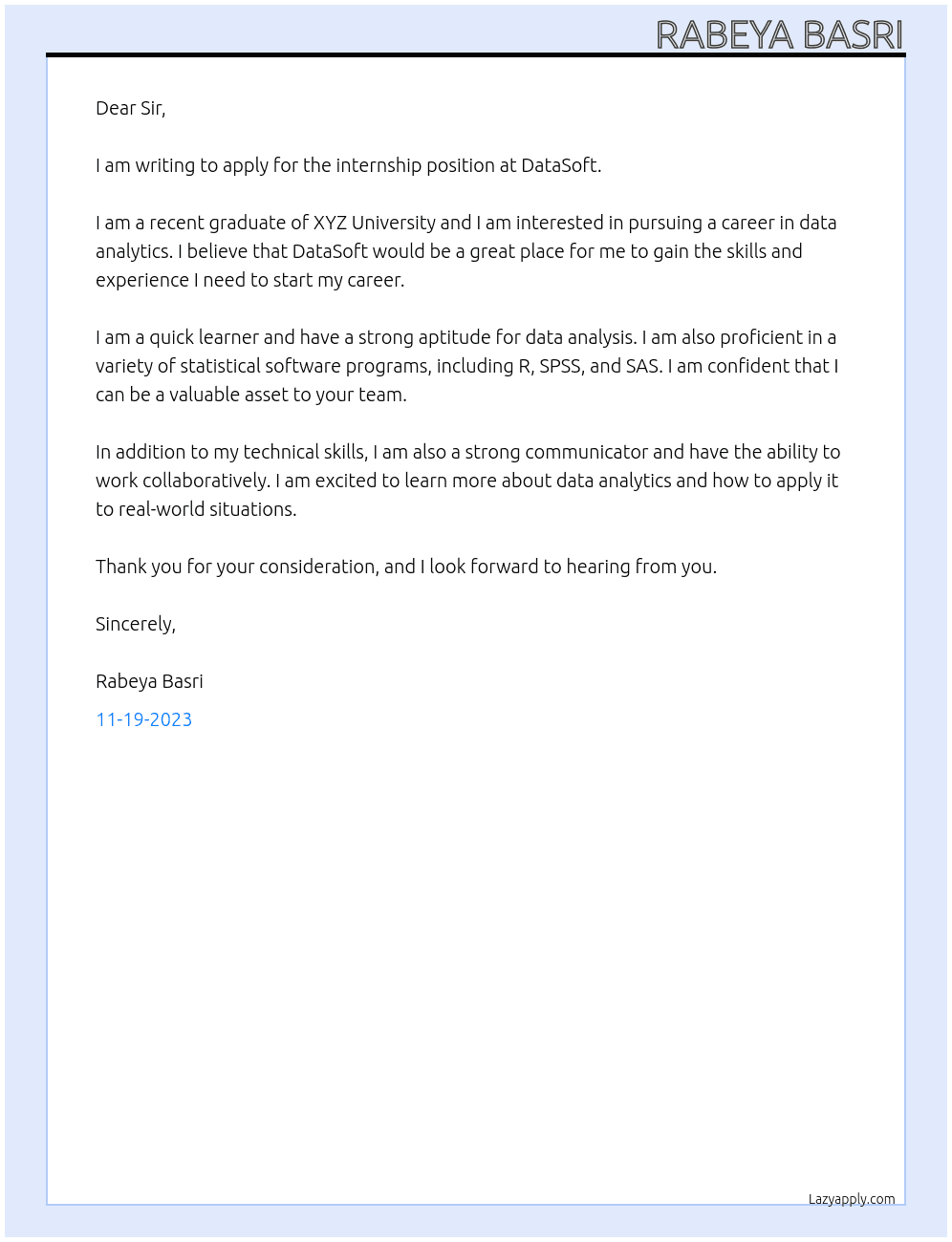 Internship At DataSoft Cover Letter