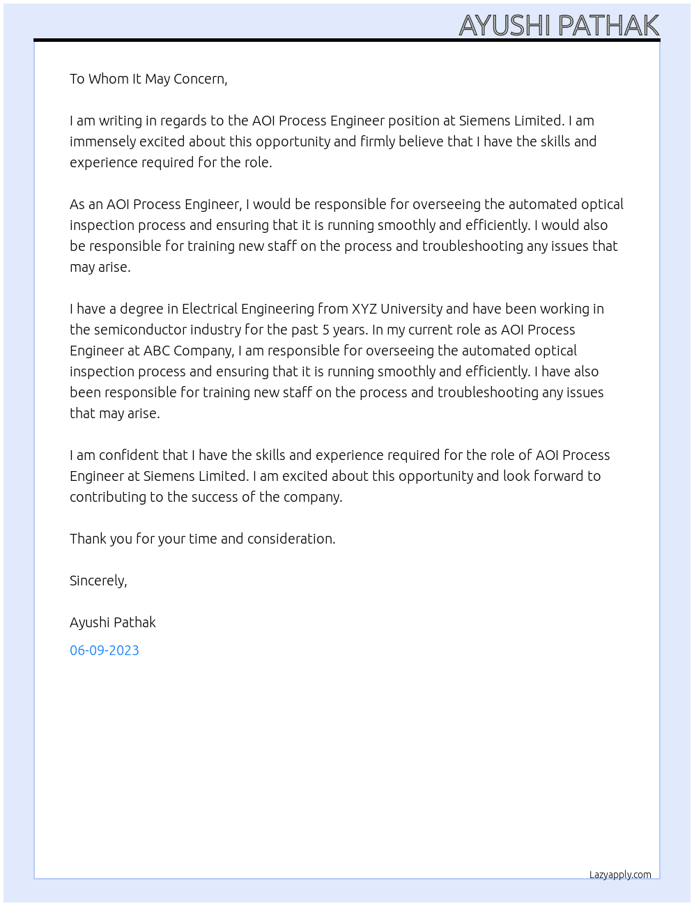 AOI Process Engineer At Siemens Limited Cover Letter