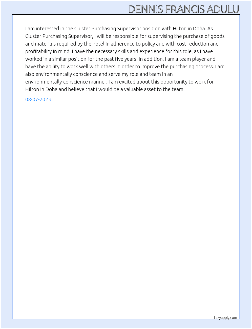Cluster purchasing supervisor At Hilton, Doha Cover Letter