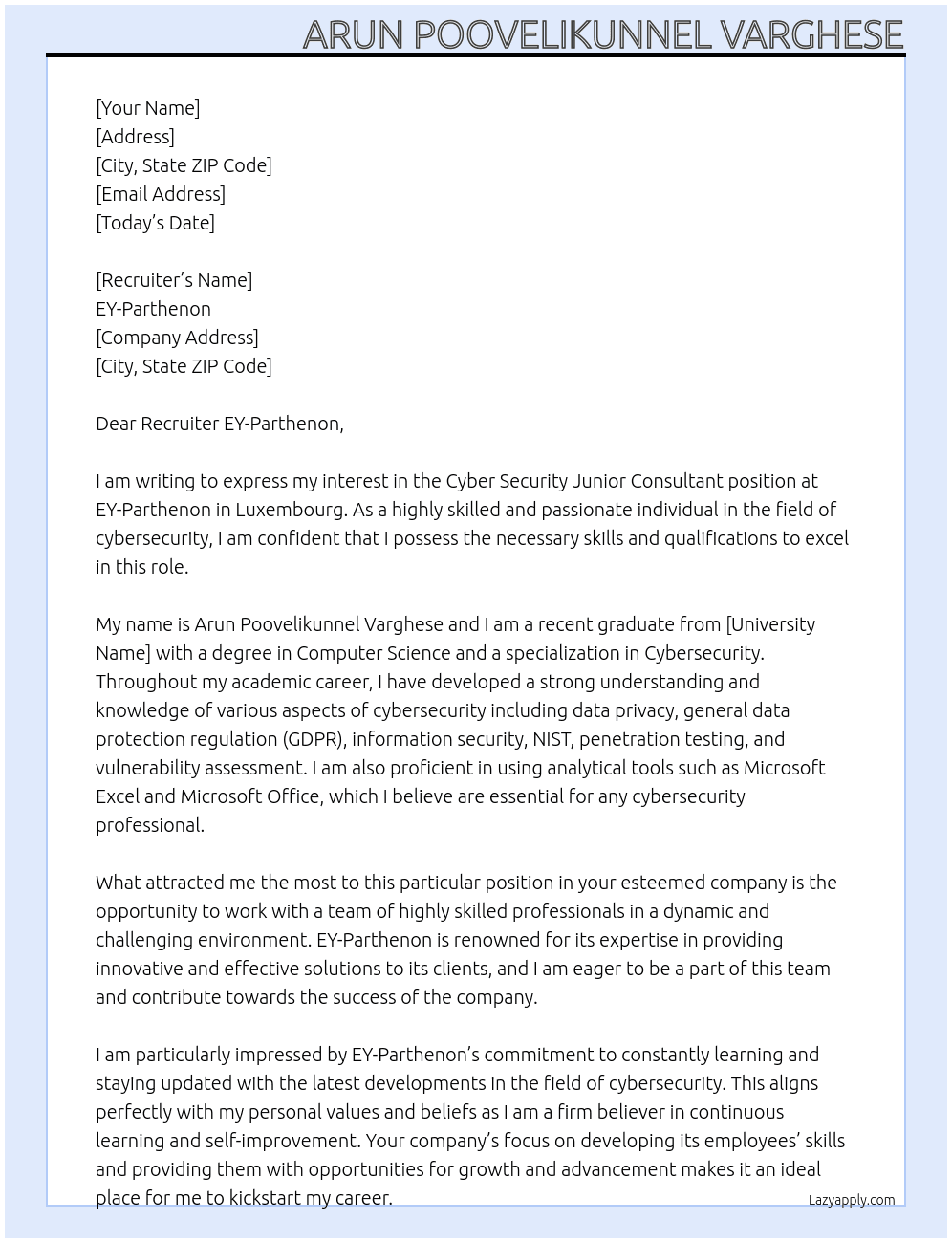 Cyber Security Junior Consultant At EY-Parthenon Cover Letter