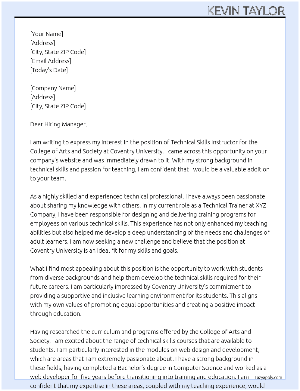 Technical skills instructor for college of arts and society At Coventry university Cover Letter