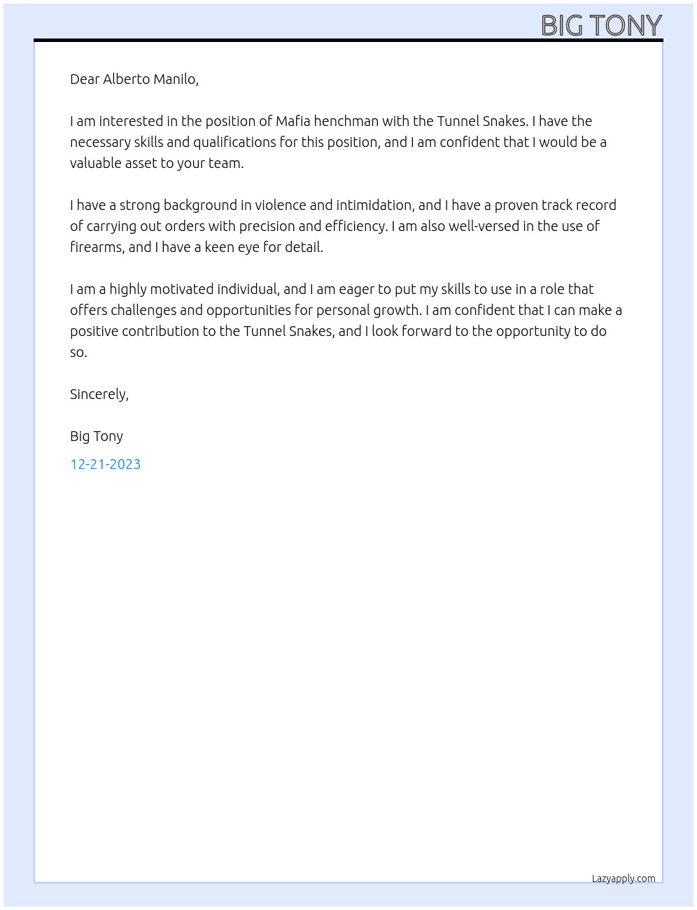 Mafia henchman At Tunnel Snakes Cover Letter
