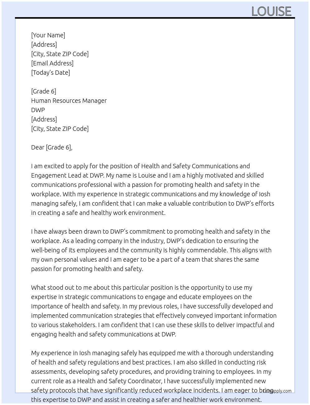 Health and Safety Communications and Engagement Lead At DWP Cover Letter