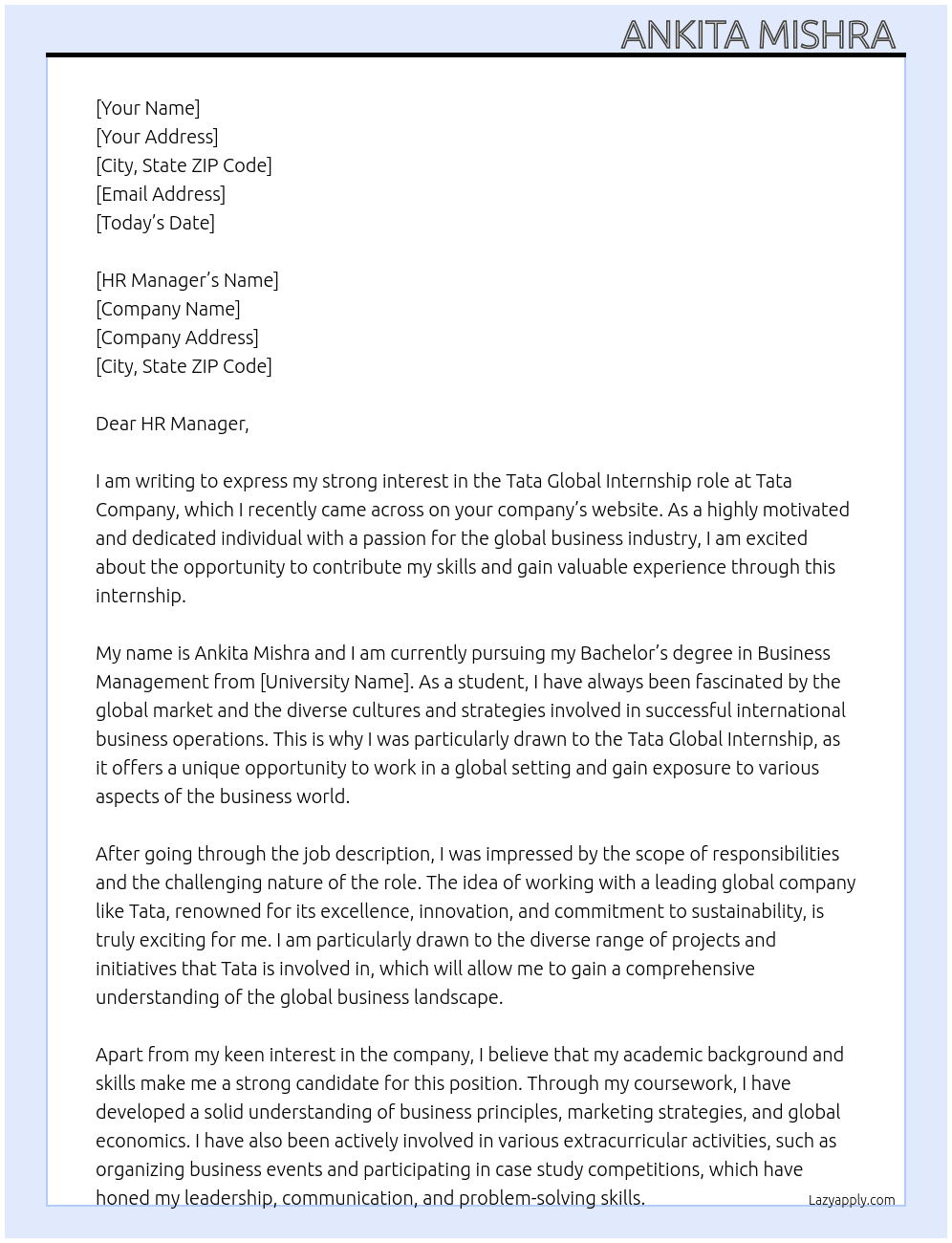 Tata Global Internship At TATA company Cover Letter