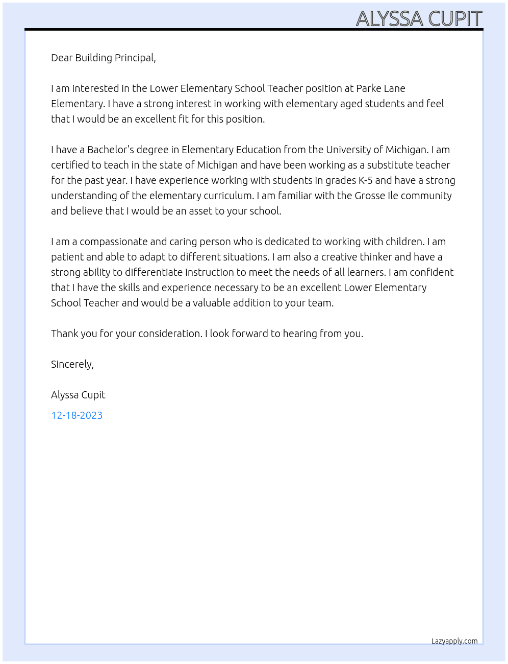 Lower Elementary School Teacher At Parke Lane Elementary, Grosse Ile Cover Letter