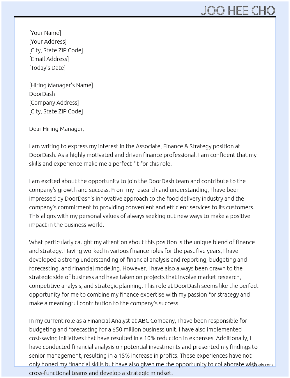 Associate, Finance & Strategy At DoorDash Cover Letter