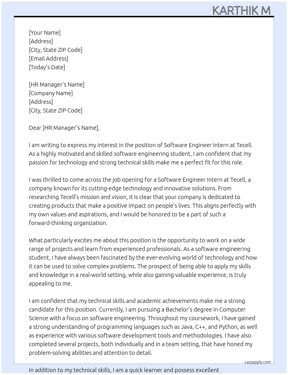 Software Engineer Intern  At Tecell Cover Letter