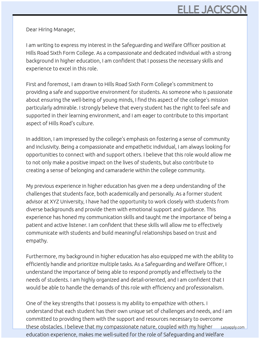 Safeguarding and welfare officer At Hills road sixth form college Cover Letter