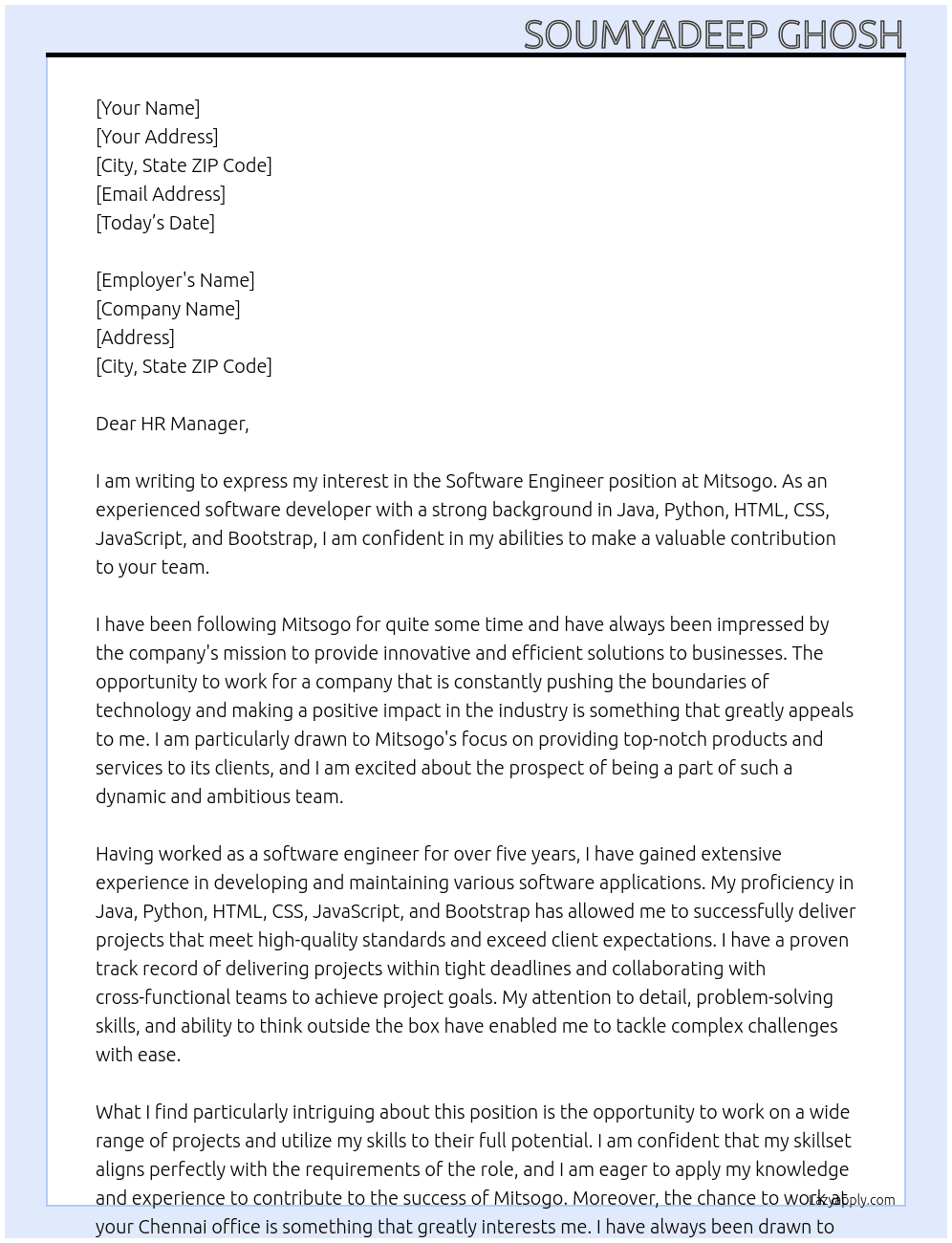 Software Engineer At Mitsogo Cover Letter
