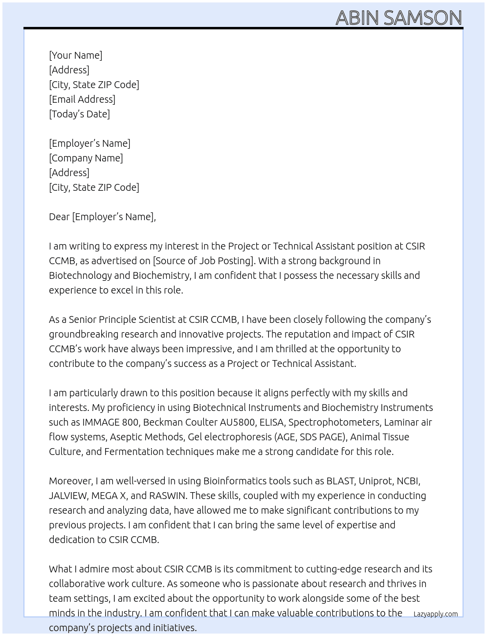 Project or Technical Assistant  At CSIR CCMB Cover Letter