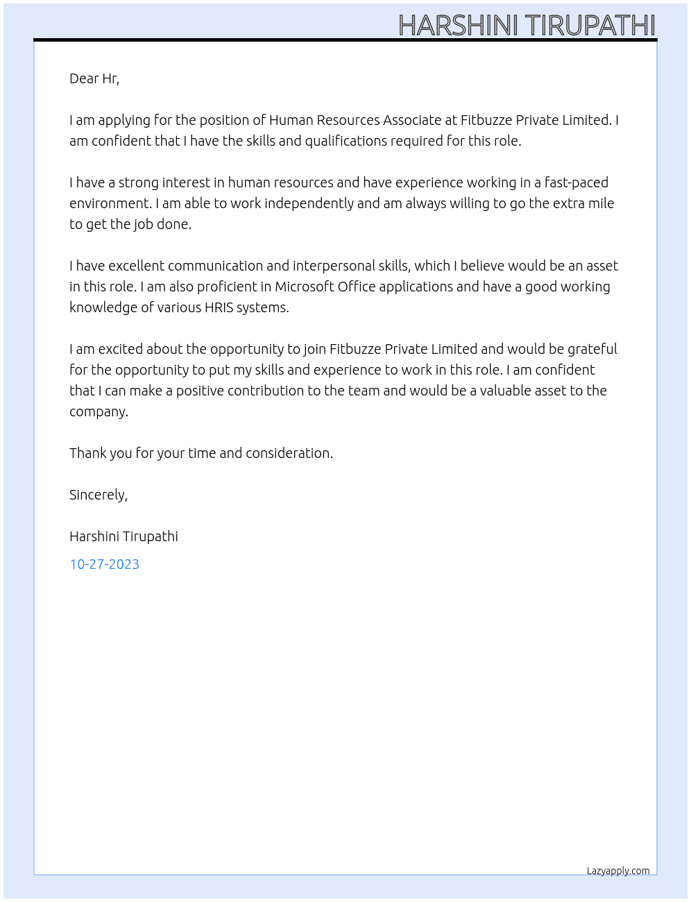 Human resources Associate At Fitbuzze private limited Cover Letter