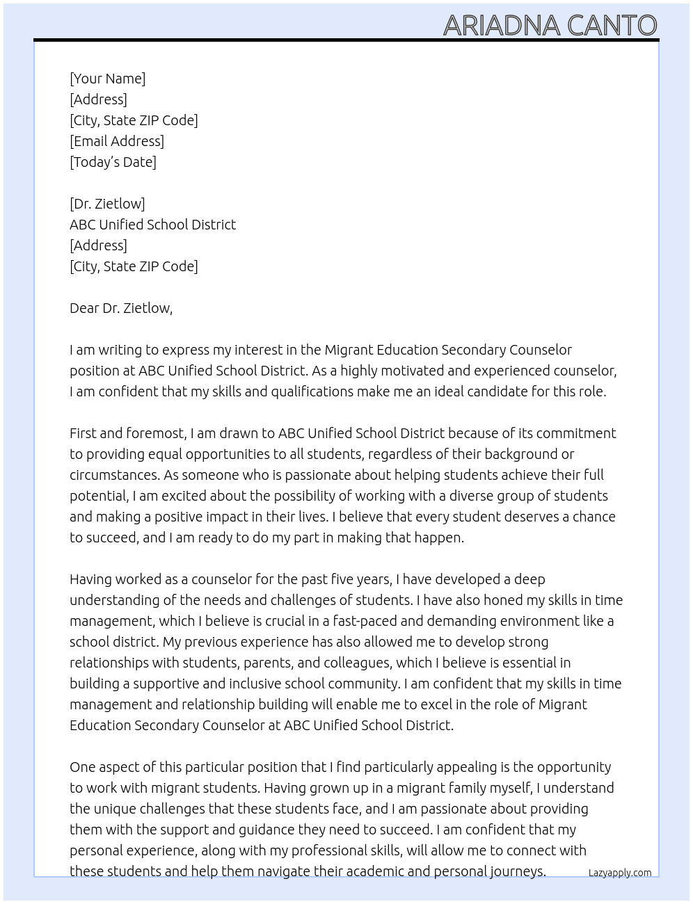 Migrant Education secondary Counselor At ABC Unified School District Cover Letter